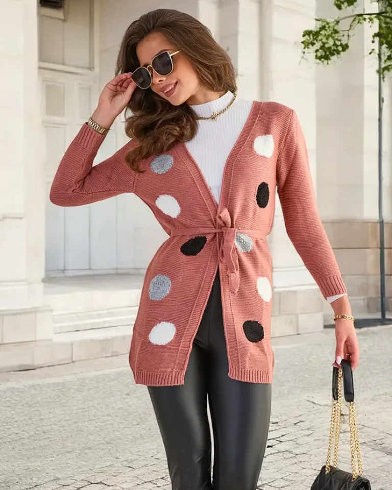 Best damski wiązany kardigan z kolorowymi kółkami Swetry
