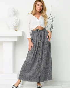 Discount Ciemnoszara damska plisowana spódnica maxi z guzikami Spódnice