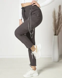 New Ciemnoszare damskie spodnie typu bojówki z łańcuszkiem Spodnie Cargo|Spodnie Materiałowe