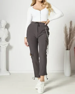 New Ciemnoszare damskie spodnie typu bojówki z łańcuszkiem Spodnie Cargo|Spodnie Materiałowe