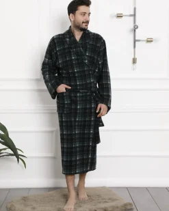 New Ciemnozielony męski szlafrok w kratę Szlafroki