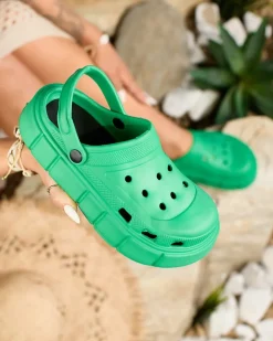 Outlet Ciemnozielone damskie klapki gumowe Kooranzan Klapki Płaskie