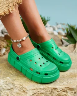 Outlet Ciemnozielone damskie klapki gumowe Kooranzan Klapki Płaskie