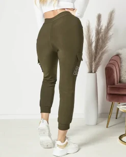 Best Ciemnozielone damskie spodnie typu bojówki z napisem Spodnie Cargo|Spodnie Materiałowe