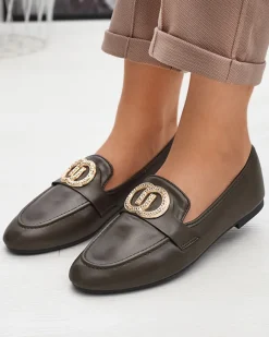 Ciemnozielone mokasyny damskie ze złotą ozdobą Uletta Mokasyny Na Płaskiej Podeszwie