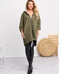 Ciemnozielona damska długa kurtka typu wiatrówka z ozdobami Kurtki / Marynarki / Płaszcze