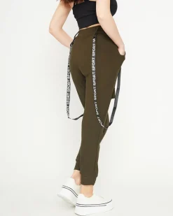 Best Ciemnozielone damskie materiałowe spodnie typu bojówki z szelkami Spodnie Cargo|Spodnie Dresowe