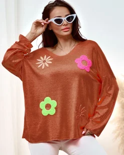 Clearance Cienki damski sweterek z kwiatuszkami Swetry