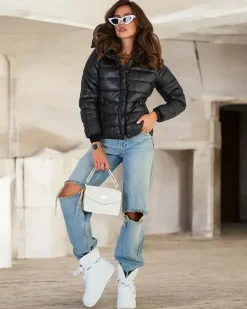 Sale Czana damska pikowana kurtka z kapturem Kurtki / Marynarki / Płaszcze