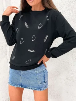 Clearance Czarna damska bluza z cyrkoniami i koralikami Swetry