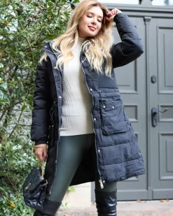 New Czarna damska długa kurtka zimowa z syntetycznym ociepleniem Kurtki / Marynarki / Płaszcze