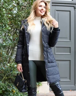 New Czarna damska długa kurtka zimowa z syntetycznym ociepleniem Kurtki / Marynarki / Płaszcze