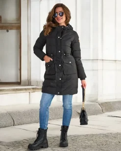 New Czarna damska długa kurtka zimowa z syntetycznym ociepleniem Kurtki / Marynarki / Płaszcze