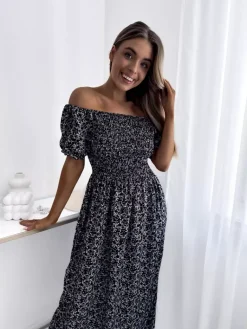 Best Czarna damska sukienka midi w kwiaty Plus Size