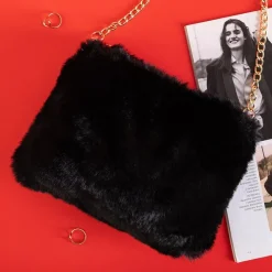 Best Czarna futrzana torebka na złotym łańcuszku Damskie Wieczorowe|Małe Torebki