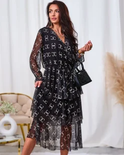 Outlet Czarna siateczkowa sukienka midi z printem Plus Size