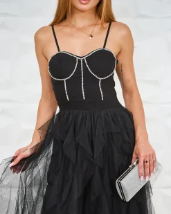 New Czarna sukienka damska midi z tiulem i kryształkami Sukienki Na Imprezę|Sukienki Długie