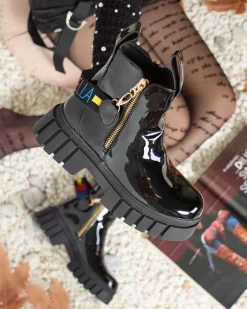 Online Czarne botki damskie lakierowane Poirop Botki Z Delikatnym Ociepleniem|Botki Na Płaskim Obcasie