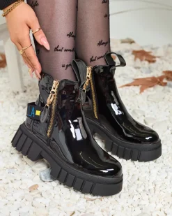 Online Czarne botki damskie lakierowane Poirop Botki Z Delikatnym Ociepleniem|Botki Na Płaskim Obcasie