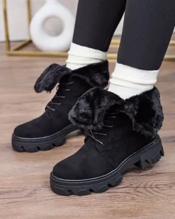 New Czarne damskie sznurowane botki Cavenma Botki Z Delikatnym Ociepleniem|Botki Sznurowane