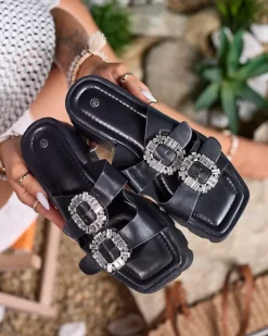 Outlet Czarne damskie zdobione klapki na obcasie Tireta Klapki Na Obcasie