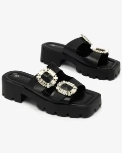 Outlet Czarne damskie zdobione klapki na obcasie Tireta Klapki Na Obcasie