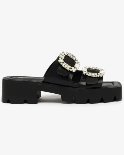 Outlet Czarne damskie zdobione klapki na obcasie Tireta Klapki Na Obcasie