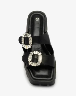 Outlet Czarne damskie zdobione klapki na obcasie Tireta Klapki Na Obcasie