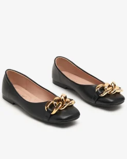 Clearance Czarne damskie eko-skórzane balerinki ze złotą ozdobą Gassi Baleriny Klasyczne