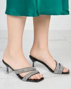 Discount Czarne damskie klapki na niskim obcasie Teroo Szpilki|Klapki Na Obcasie