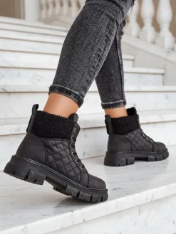 Clearance Czarne damskie ocieplane botki typu trapery Hogenaf Trapery|Botki Z Delikatnym Ociepleniem