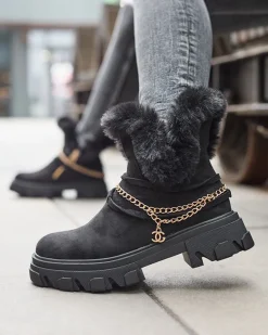 Clearance Czarne damskie eko-zamszowe botki z łańcuszkiem Videric Botki Z Delikatnym Ociepleniem|Botki Na Płaskim Obcasie