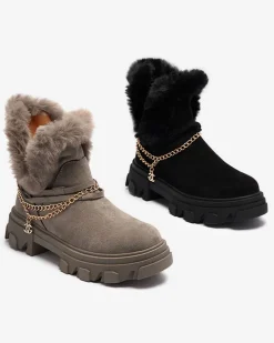 Clearance Czarne damskie eko-zamszowe botki z łańcuszkiem Videric Botki Z Delikatnym Ociepleniem|Botki Na Płaskim Obcasie