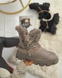 Clearance Czarne damskie eko-zamszowe botki z łańcuszkiem Videric Botki Z Delikatnym Ociepleniem|Botki Na Płaskim Obcasie