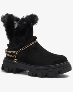 Clearance Czarne damskie eko-zamszowe botki z łańcuszkiem Videric Botki Z Delikatnym Ociepleniem|Botki Na Płaskim Obcasie