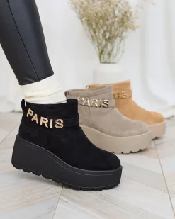 Outlet Czarne damskie buty a'la śniegowce z ozdobą Parisela Śniegowce