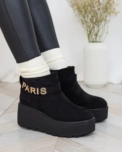 Outlet Czarne damskie buty a'la śniegowce z ozdobą Parisela Śniegowce
