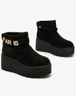 Outlet Czarne damskie buty a'la śniegowce z ozdobą Parisela Śniegowce