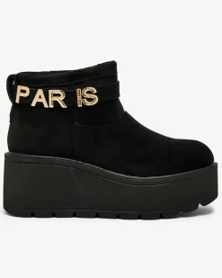 Outlet Czarne damskie buty a'la śniegowce z ozdobą Parisela Śniegowce