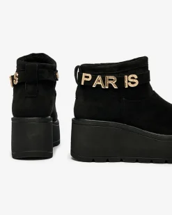 Outlet Czarne damskie buty a'la śniegowce z ozdobą Parisela Śniegowce