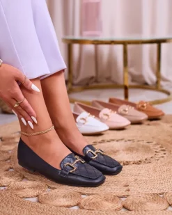 New Czarne damskie pikowane mokasyny ze złotą ozdobą Wetifa Mokasyny Na Płaskiej Podeszwie