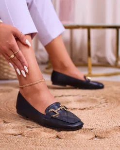 New Czarne damskie pikowane mokasyny ze złotą ozdobą Wetifa Mokasyny Na Płaskiej Podeszwie