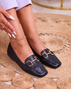 New Czarne damskie pikowane mokasyny ze złotą ozdobą Wetifa Mokasyny Na Płaskiej Podeszwie
