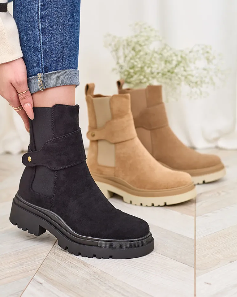 Sale Czarne damskie botki z ozdobnym paskiem Doasa Botki Z Delikatnym Ociepleniem|Botki Na Płaskim Obcasie