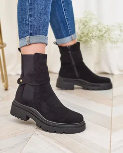 Sale Czarne damskie botki z ozdobnym paskiem Doasa Botki Z Delikatnym Ociepleniem|Botki Na Płaskim Obcasie