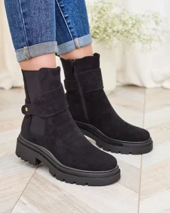 Sale Czarne damskie botki z ozdobnym paskiem Doasa Botki Z Delikatnym Ociepleniem|Botki Na Płaskim Obcasie