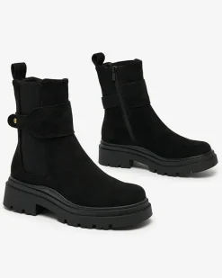 Sale Czarne damskie botki z ozdobnym paskiem Doasa Botki Z Delikatnym Ociepleniem|Botki Na Płaskim Obcasie