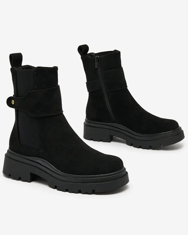 Sale Czarne damskie botki z ozdobnym paskiem Doasa Botki Z Delikatnym Ociepleniem|Botki Na Płaskim Obcasie