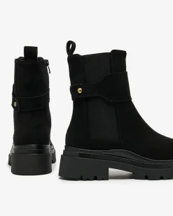 Sale Czarne damskie botki z ozdobnym paskiem Doasa Botki Z Delikatnym Ociepleniem|Botki Na Płaskim Obcasie