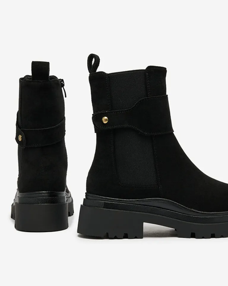 Sale Czarne damskie botki z ozdobnym paskiem Doasa Botki Z Delikatnym Ociepleniem|Botki Na Płaskim Obcasie